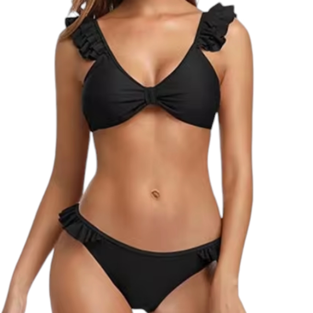 SHEKINI Black V-Neck Ruffle Bikini